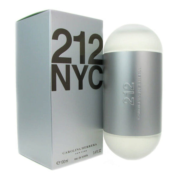 Carolina Herrera 212 NYC Eau De Toilette For Women 3.4oz is displayed with its box, both in a sleek silver and white design. This perfume by Carolina Herrera captures the vibrant, floral spirit of the city.
